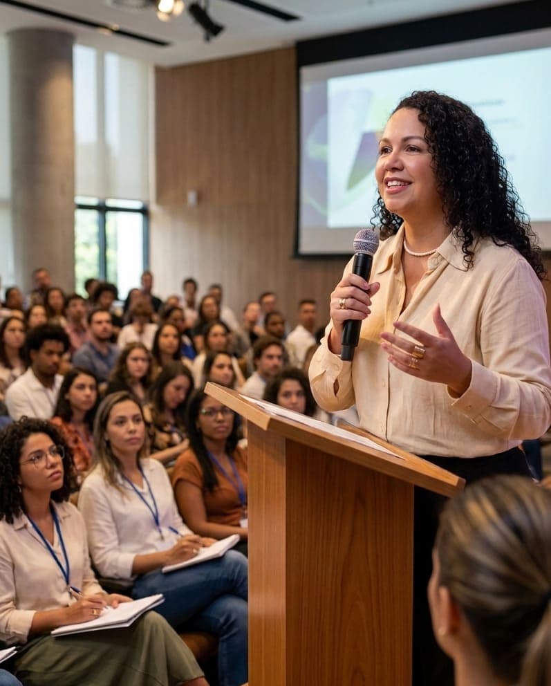 Natascha Sam Nelli discursando para uma plateia, microfone em mãos