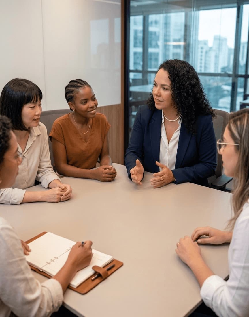 Reunião de trabalho entre mulheres em escritório com vista para a cidade